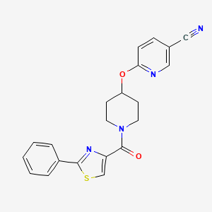 molecular formula C21H18N4O2S B2976525 6-((1-(2-Phenylthiazole-4-carbonyl)piperidin-4-yl)oxy)nicotinonitrile CAS No. 1421505-71-6