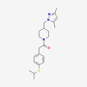 molecular formula C22H31N3OS B2976526 1-(4-((3,5-dimethyl-1H-pyrazol-1-yl)methyl)piperidin-1-yl)-2-(4-(isopropylthio)phenyl)ethanone CAS No. 1351655-58-7