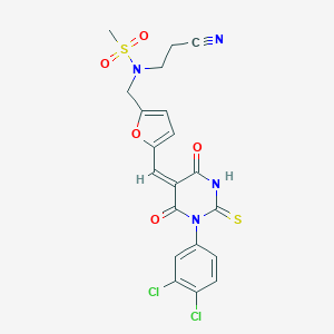 molecular formula C20H16Cl2N4O5S2 B297653 N-(2-cyanoethyl)-N-({5-[(1-(3,4-dichlorophenyl)-4,6-dioxo-2-thioxotetrahydro-5(2H)-pyrimidinylidene)methyl]-2-furyl}methyl)methanesulfonamide 
