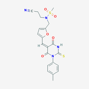 molecular formula C21H20N4O5S2 B297654 N-(2-cyanoethyl)-N-({5-[(1-(4-methylphenyl)-4,6-dioxo-2-thioxotetrahydro-5(2H)-pyrimidinylidene)methyl]-2-furyl}methyl)methanesulfonamide 