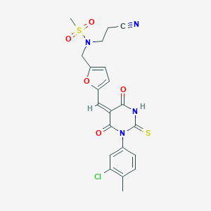 molecular formula C21H19ClN4O5S2 B297655 N-({5-[(1-(3-chloro-4-methylphenyl)-4,6-dioxo-2-thioxotetrahydro-5(2H)-pyrimidinylidene)methyl]-2-furyl}methyl)-N-(2-cyanoethyl)methanesulfonamide 