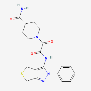 molecular formula C19H21N5O3S B2976571 1-[2-氧代-2-[(2-苯基-4,6-二氢噻吩[3,4-c]吡唑-3-基)氨基]乙酰基]哌啶-4-甲酰胺 CAS No. 899969-28-9