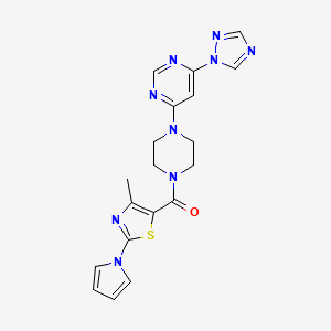 molecular formula C19H19N9OS B2976580 (4-(6-(1H-1,2,4-triazol-1-yl)pyrimidin-4-yl)piperazin-1-yl)(4-methyl-2-(1H-pyrrol-1-yl)thiazol-5-yl)methanone CAS No. 1795089-34-7