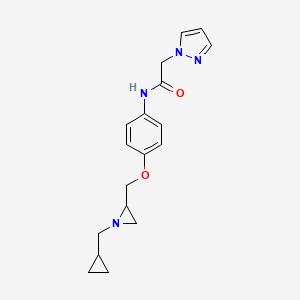 molecular formula C18H22N4O2 B2976582 N-[4-[[1-(Cyclopropylmethyl)aziridin-2-yl]methoxy]phenyl]-2-pyrazol-1-ylacetamide CAS No. 2418732-43-9