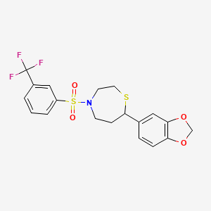 molecular formula C19H18F3NO4S2 B2976603 7-(Benzo[d][1,3]dioxol-5-yl)-4-((3-(trifluoromethyl)phenyl)sulfonyl)-1,4-thiazepane CAS No. 1705101-32-1