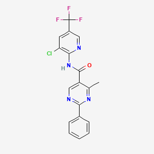 molecular formula C18H12ClF3N4O B2976664 N-[3-chloro-5-(trifluoromethyl)pyridin-2-yl]-4-methyl-2-phenylpyrimidine-5-carboxamide CAS No. 338406-23-8