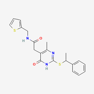 molecular formula C20H21N3O2S2 B2976670 2-(4-methyl-6-oxo-2-((1-phenylethyl)thio)-1,6-dihydropyrimidin-5-yl)-N-(thiophen-2-ylmethyl)acetamide CAS No. 1105201-64-6