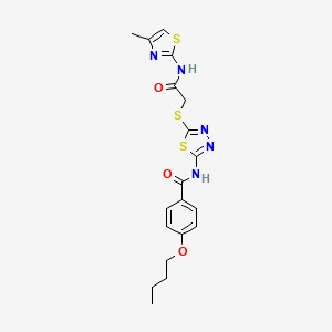 molecular formula C19H21N5O3S3 B2976685 4-butoxy-N-(5-((2-((4-methylthiazol-2-yl)amino)-2-oxoethyl)thio)-1,3,4-thiadiazol-2-yl)benzamide CAS No. 896026-87-2