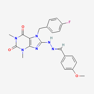 molecular formula C22H21FN6O3 B2976711 7-[(4-Fluorophenyl)methyl]-8-[2-[(4-methoxyphenyl)methylidene]hydrazinyl]-1,3-dimethylpurine-2,6-dione CAS No. 378216-49-0
