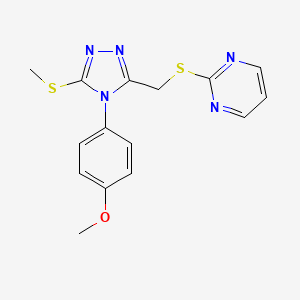 molecular formula C15H15N5OS2 B2976719 2-[[4-(4-Methoxyphenyl)-5-methylsulfanyl-1,2,4-triazol-3-yl]methylsulfanyl]pyrimidine CAS No. 868221-35-6