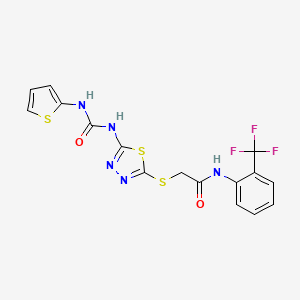 molecular formula C16H12F3N5O2S3 B2976722 2-((5-(3-(噻吩-2-基)脲基)-1,3,4-噻二唑-2-基)硫代)-N-(2-(三氟甲基)苯基)乙酰胺 CAS No. 1327391-40-1