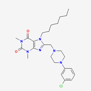 molecular formula C25H35ClN6O2 B2976795 8-((4-(3-chlorophenyl)piperazin-1-yl)methyl)-7-heptyl-1,3-dimethyl-1H-purine-2,6(3H,7H)-dione CAS No. 851942-30-8