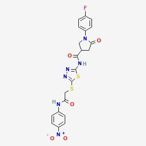 molecular formula C21H17FN6O5S2 B2976798 1-(4-氟苯基)-N-(5-((2-((4-硝基苯基)氨基)-2-氧代乙基)硫代)-1,3,4-噻二唑-2-基)-5-氧代吡咯烷-3-甲酰胺 CAS No. 920466-08-6