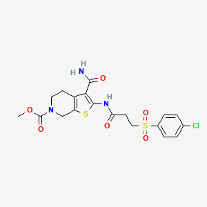 molecular formula C19H20ClN3O6S2 B2976807 methyl 3-carbamoyl-2-(3-((4-chlorophenyl)sulfonyl)propanamido)-4,5-dihydrothieno[2,3-c]pyridine-6(7H)-carboxylate CAS No. 886954-77-4