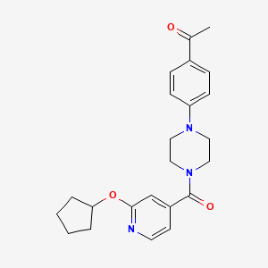 molecular formula C23H27N3O3 B2976854 1-(4-(4-(2-(环戊氧基)异烟酰基)哌嗪-1-基)苯基)乙酮 CAS No. 2034618-01-2