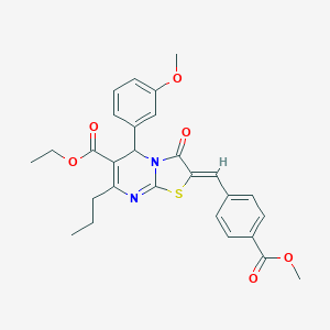 molecular formula C28H28N2O6S B297692 ethyl 2-[4-(methoxycarbonyl)benzylidene]-5-(3-methoxyphenyl)-3-oxo-7-propyl-2,3-dihydro-5H-[1,3]thiazolo[3,2-a]pyrimidine-6-carboxylate 