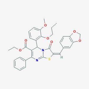 molecular formula C33H30N2O7S B297694 ethyl 2-(1,3-benzodioxol-5-ylmethylene)-5-(3-methoxy-2-propoxyphenyl)-3-oxo-7-phenyl-2,3-dihydro-5H-[1,3]thiazolo[3,2-a]pyrimidine-6-carboxylate 