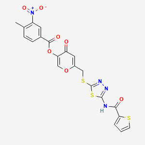 molecular formula C21H14N4O7S3 B2976962 4-oxo-6-(((5-(thiophene-2-carboxamido)-1,3,4-thiadiazol-2-yl)thio)methyl)-4H-pyran-3-yl 4-methyl-3-nitrobenzoate CAS No. 877643-37-3