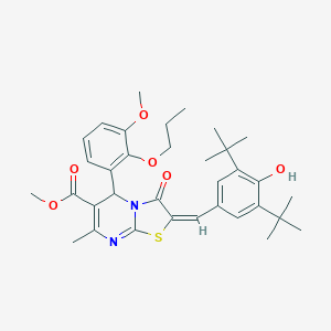 molecular formula C34H42N2O6S B297697 methyl 2-(3,5-ditert-butyl-4-hydroxybenzylidene)-5-(3-methoxy-2-propoxyphenyl)-7-methyl-3-oxo-2,3-dihydro-5H-[1,3]thiazolo[3,2-a]pyrimidine-6-carboxylate 