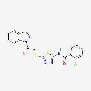 molecular formula C19H15ClN4O2S2 B2976999 2-chloro-N-(5-((2-(indolin-1-yl)-2-oxoethyl)thio)-1,3,4-thiadiazol-2-yl)benzamide CAS No. 392300-75-3
