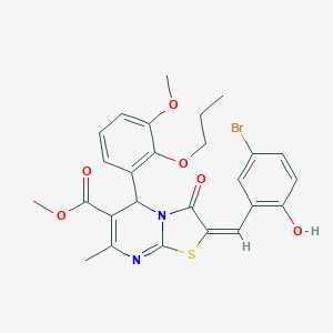 molecular formula C26H25BrN2O6S B297705 methyl 2-(5-bromo-2-hydroxybenzylidene)-5-(3-methoxy-2-propoxyphenyl)-7-methyl-3-oxo-2,3-dihydro-5H-[1,3]thiazolo[3,2-a]pyrimidine-6-carboxylate 