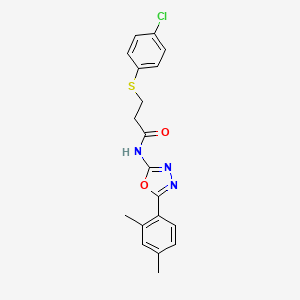 molecular formula C19H18ClN3O2S B2977055 3-(4-chlorophenyl)sulfanyl-N-[5-(2,4-dimethylphenyl)-1,3,4-oxadiazol-2-yl]propanamide CAS No. 896018-72-7