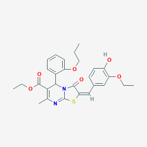 molecular formula C28H30N2O6S B297708 ethyl 2-(3-ethoxy-4-hydroxybenzylidene)-7-methyl-3-oxo-5-(2-propoxyphenyl)-2,3-dihydro-5H-[1,3]thiazolo[3,2-a]pyrimidine-6-carboxylate 