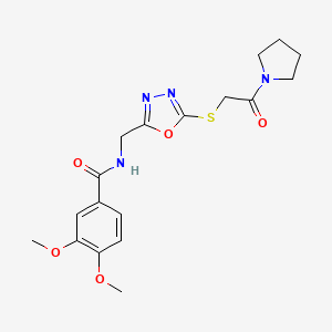 molecular formula C18H22N4O5S B2977089 3,4-dimethoxy-N-((5-((2-oxo-2-(pyrrolidin-1-yl)ethyl)thio)-1,3,4-oxadiazol-2-yl)methyl)benzamide CAS No. 851862-61-8