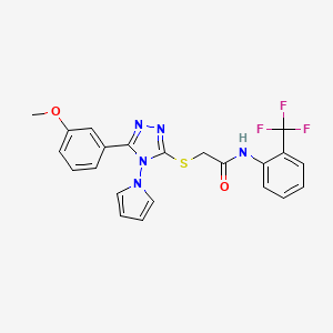 molecular formula C22H18F3N5O2S B2977119 2-{[5-(3-甲氧基苯基)-4-(1H-吡咯-1-基)-4H-1,2,4-三唑-3-基]硫代}-N-[2-(三氟甲基)苯基]乙酰胺 CAS No. 896319-65-6
