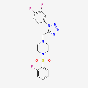 molecular formula C18H17F3N6O2S B2977125 1-((1-(3,4-difluorophenyl)-1H-tetrazol-5-yl)methyl)-4-((2-fluorophenyl)sulfonyl)piperazine CAS No. 1040650-86-9