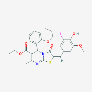 molecular formula C27H27IN2O6S B297716 ethyl 2-(4-hydroxy-3-iodo-5-methoxybenzylidene)-7-methyl-3-oxo-5-(2-propoxyphenyl)-2,3-dihydro-5H-[1,3]thiazolo[3,2-a]pyrimidine-6-carboxylate 