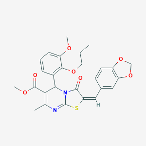 molecular formula C27H26N2O7S B297719 methyl 2-(1,3-benzodioxol-5-ylmethylene)-5-(3-methoxy-2-propoxyphenyl)-7-methyl-3-oxo-2,3-dihydro-5H-[1,3]thiazolo[3,2-a]pyrimidine-6-carboxylate 