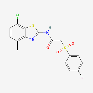 molecular formula C16H12ClFN2O3S2 B2977223 N-(7-chloro-4-methylbenzo[d]thiazol-2-yl)-2-((4-fluorophenyl)sulfonyl)acetamide CAS No. 895484-30-7
