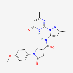 molecular formula C21H22N6O4 B2977262 1-(4-methoxyphenyl)-N-(3-methyl-1-(4-methyl-6-oxo-1,6-dihydropyrimidin-2-yl)-1H-pyrazol-5-yl)-5-oxopyrrolidine-3-carboxamide CAS No. 1019096-27-5