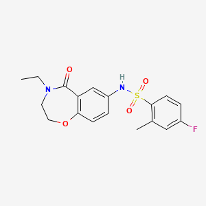 molecular formula C18H19FN2O4S B2977263 N-(4-ethyl-5-oxo-2,3,4,5-tetrahydrobenzo[f][1,4]oxazepin-7-yl)-4-fluoro-2-methylbenzenesulfonamide CAS No. 922007-95-2