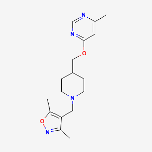 molecular formula C17H24N4O2 B2977277 3,5-Dimethyl-4-((4-(((6-methylpyrimidin-4-yl)oxy)methyl)piperidin-1-yl)methyl)isoxazole CAS No. 2320818-89-9