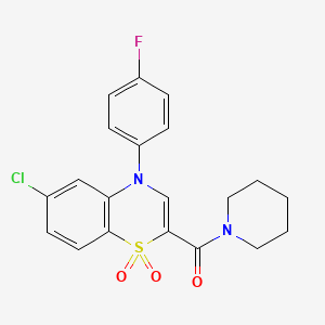 molecular formula C20H18ClFN2O3S B2977335 [6-chloro-4-(4-fluorophenyl)-1,1-dioxido-4H-1,4-benzothiazin-2-yl](piperidin-1-yl)methanone CAS No. 1251614-44-4