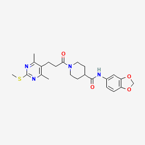 molecular formula C23H28N4O4S B2977337 N-(2H-1,3-benzodioxol-5-yl)-1-{3-[4,6-dimethyl-2-(methylsulfanyl)pyrimidin-5-yl]propanoyl}piperidine-4-carboxamide CAS No. 1111551-44-0