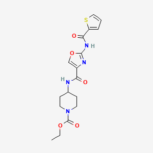 molecular formula C17H20N4O5S B2977343 4-(2-(噻吩-2-甲酰胺)恶唑-4-甲酰胺)哌啶-1-甲酸乙酯 CAS No. 1396807-23-0