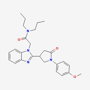 molecular formula C26H32N4O3 B2977350 2-{2-[1-(4-methoxyphenyl)-5-oxopyrrolidin-3-yl]-1H-benzimidazol-1-yl}-N,N-dipropylacetamide CAS No. 955478-11-2