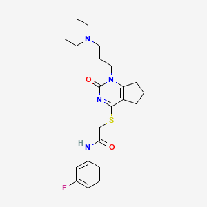 molecular formula C22H29FN4O2S B2977366 2-((1-(3-(diethylamino)propyl)-2-oxo-2,5,6,7-tetrahydro-1H-cyclopenta[d]pyrimidin-4-yl)thio)-N-(3-fluorophenyl)acetamide CAS No. 898434-89-4