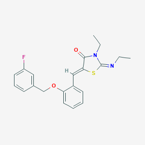 molecular formula C21H21FN2O2S B297737 3-Ethyl-2-(ethylimino)-5-{2-[(3-fluorobenzyl)oxy]benzylidene}-1,3-thiazolidin-4-one 