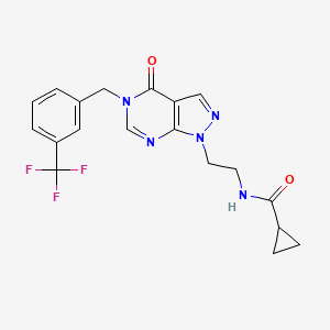 molecular formula C19H18F3N5O2 B2977379 N-(2-(4-oxo-5-(3-(trifluoromethyl)benzyl)-4,5-dihydro-1H-pyrazolo[3,4-d]pyrimidin-1-yl)ethyl)cyclopropanecarboxamide CAS No. 922089-15-4