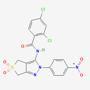 molecular formula C18H12Cl2N4O5S B2977384 2,4-dichloro-N-[2-(4-nitrophenyl)-5,5-dioxo-4,6-dihydrothieno[3,4-c]pyrazol-3-yl]benzamide CAS No. 450336-38-6