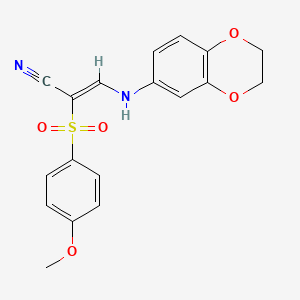 molecular formula C18H16N2O5S B2977393 (Z)-3-((2,3-dihydrobenzo[b][1,4]dioxin-6-yl)amino)-2-((4-methoxyphenyl)sulfonyl)acrylonitrile CAS No. 899378-18-8