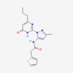 molecular formula C17H19N5O2S B2977395 N-(3-methyl-1-(6-oxo-4-propyl-1,6-dihydropyrimidin-2-yl)-1H-pyrazol-5-yl)-2-(thiophen-2-yl)acetamide CAS No. 1002932-95-7