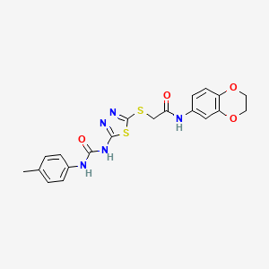 molecular formula C20H19N5O4S2 B2977402 N-(2,3-二氢苯并[b][1,4]二氧杂环-6-基)-2-((5-(3-(对甲苯基)脲基)-1,3,4-噻二唑-2-基)硫代)乙酰胺 CAS No. 898461-57-9