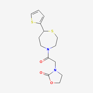 molecular formula C14H18N2O3S2 B2977407 3-(2-Oxo-2-(7-(thiophen-2-yl)-1,4-thiazepan-4-yl)ethyl)oxazolidin-2-one CAS No. 1705219-15-3