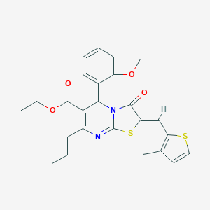 molecular formula C25H26N2O4S2 B297743 ethyl 5-(2-methoxyphenyl)-2-[(3-methyl-2-thienyl)methylene]-3-oxo-7-propyl-2,3-dihydro-5H-[1,3]thiazolo[3,2-a]pyrimidine-6-carboxylate 