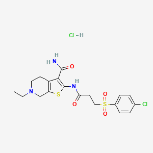molecular formula C19H23Cl2N3O4S2 B2977485 2-(3-((4-Chlorophenyl)sulfonyl)propanamido)-6-ethyl-4,5,6,7-tetrahydrothieno[2,3-c]pyridine-3-carboxamide hydrochloride CAS No. 1329860-76-5